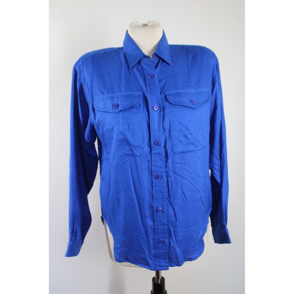 NWT Vtg Liz Claiborne Sport SP Blue Button Down Rayon Long Sleeve Pocket Top
